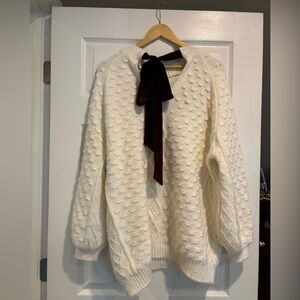 Elegant White Sweater with Burgundy tie Accent in the back